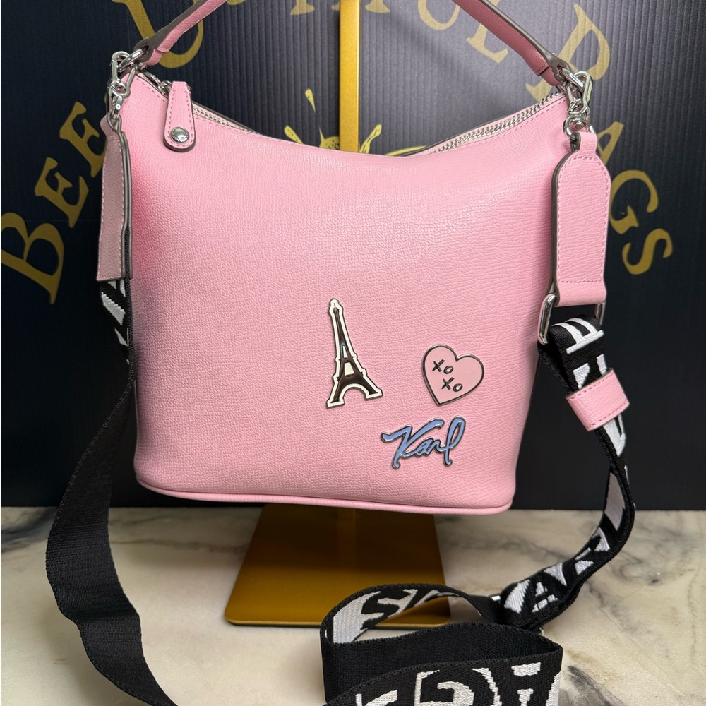 Karl Lagerfeld Paris Pink “A XO XO” Leather Crossbody / Shoulder Bag